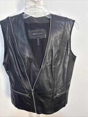 BCBGMaxazria Black Leather Women's Biker Vest Zippers Small Excellent